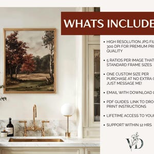 May include: A framed landscape painting featuring trees with autumn foliage in shades of red and brown. The text WHATS INCLUDED? is displayed above a list detailing high resolution JPG files, 5 ratios for 30+ frame sizes, custom sizing, email delivery, PDF guides, lifetime access, and support.