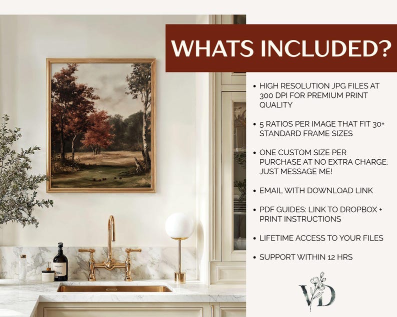 May include: A framed landscape painting featuring trees with autumn foliage in shades of red and brown. The text WHATS INCLUDED? is displayed above a list detailing high resolution JPG files, 5 ratios for 30+ frame sizes, custom sizing, email delivery, PDF guides, lifetime access, and support.