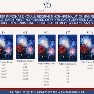 May include: A digital print featuring a vibrant fireworks display in red, white, and blue against a dark blue background. The image includes text indicating various frame sizes, such as 6x8 inches, 9x12 inches, and 12x16 inches, suitable for framing.