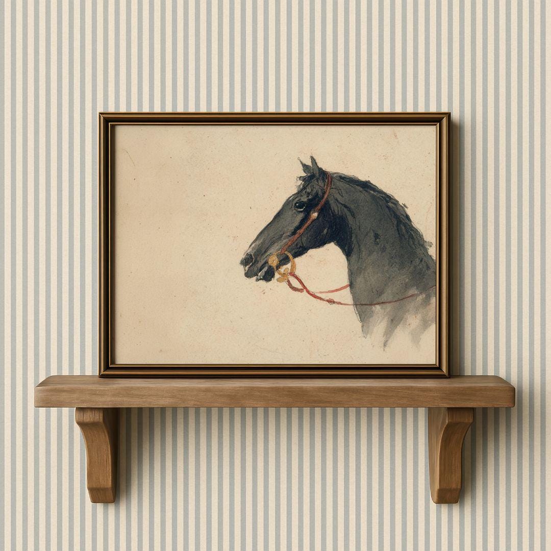 ヴィンテージ馬の肖像画水彩画プリント - 素朴な農家風装飾