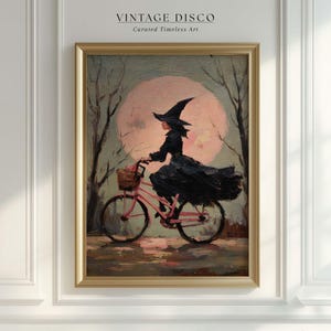 Pink Witch Fall Print - Whimsical Cottagecore Halloween Decor, Vintage Spooky Season Painting