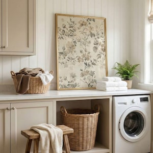 French Country Floral Textile Print - Vintage Botanical Wall Art, Neutral Spring Farmhouse Decor