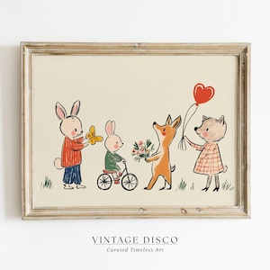 Impressão de amigos animais da floresta excêntricos - arte vintage para berçário de coelho, raposa e urso, decoração infantil de personagens de livros de histórias de amizade, impressão para berçário