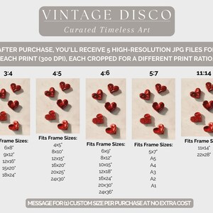 Puede incluir: Impresi&oacute;n art&iacute;stica digital con formas de coraz&oacute;n rojo en varios arreglos, con texto que indica diferentes proporciones de impresi&oacute;n y tama&ntilde;os de marco. La obra de arte se titula "VINTAGE DISCO" y se describe como "Curated Timeless Art."