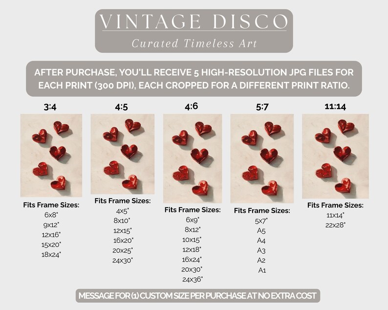 Puede incluir: Impresi&oacute;n art&iacute;stica digital con formas de coraz&oacute;n rojo en varios arreglos, con texto que indica diferentes proporciones de impresi&oacute;n y tama&ntilde;os de marco. La obra de arte se titula "VINTAGE DISCO" y se describe como "Curated Timeless Art."