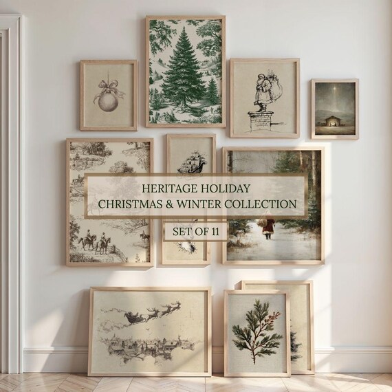 Heritage Christmas Print Set - Printable Decor Gift, Vintage Traditional Holiday Bundle, Neutral Equestrian Winter