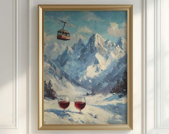 May include: Framed art print featuring a snowy mountain landscape with a red cable car and two wine glasses. The painting has a vintage style with the text "VINTAGE DISCO Curated Timeless Art" at the top.