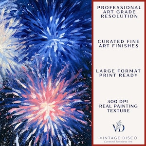 May include: An abstract painting of fireworks in shades of blue, white, and pink. The artwork features the text: "PROFESSIONAL ART GRADE RESOLUTION", "CURATED FINE ART FINISHES", "LARGE FORMAT PRINT READY", and "300 DPI REAL PAINTING TEXTURE". The Vintage Disco logo is also visible.