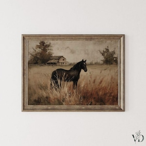 Rustic Horse Farmhouse Print - Moody Countryside Equestrian Decor, Wild West Pastoral Landscape Printable