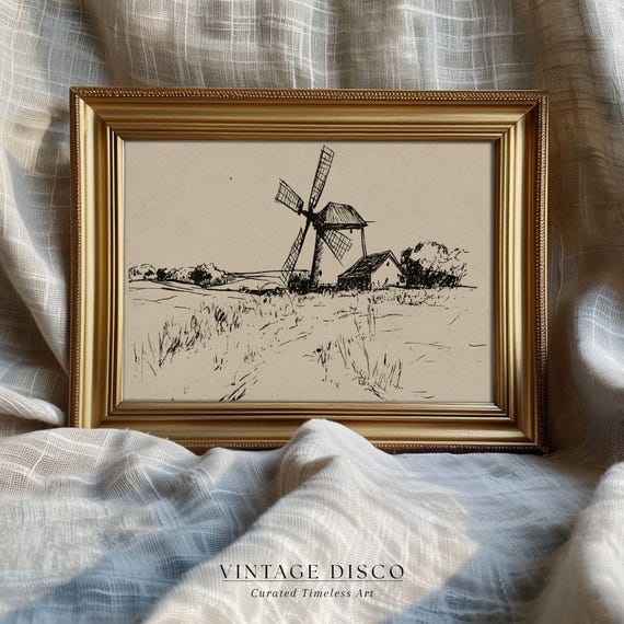 Vintage Windmill Sketch Print: Rustic Farmhouse Western Art (Digital Download)