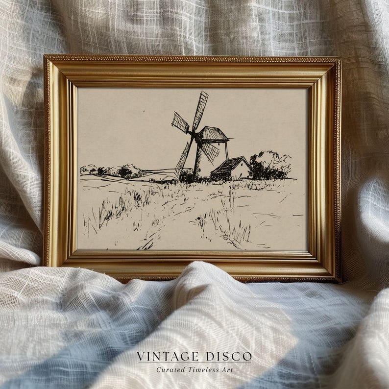 Vintage Windmill Fall Sketch Print - Western Wall Art, Rustic Farmhouse Line Drawing, Neutral Countryside Autumn Decor, Digital Download