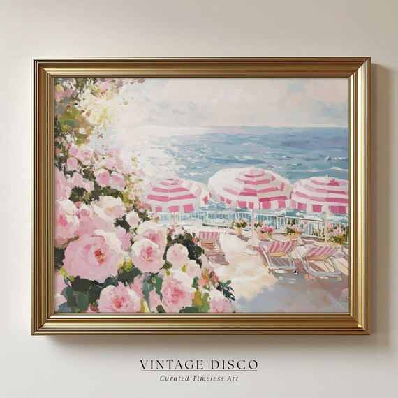 Pink Grandmillenial Coastal Beach Club Print - Coquette Preppy Summer Floral Printable, Shabby Chic Decor