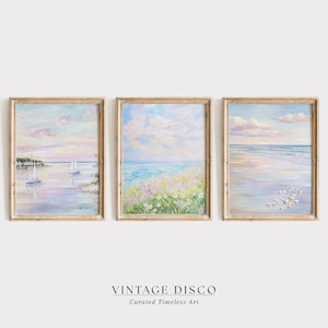 Grandmillenial Coastal Wall Art Set of 3, Purple Coastal Wall Art, Coquette Beach Art, Preppy Summer Beach Print, Pastel Wildflower Ocean