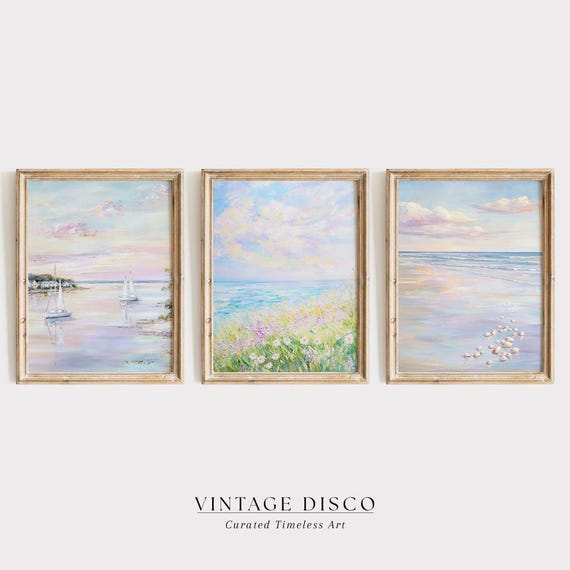 Grandmillenial Coastal Wall Art Set - Pastel Preppy Summer Beach Prints, Coquette Wildflower Ocean Printables
