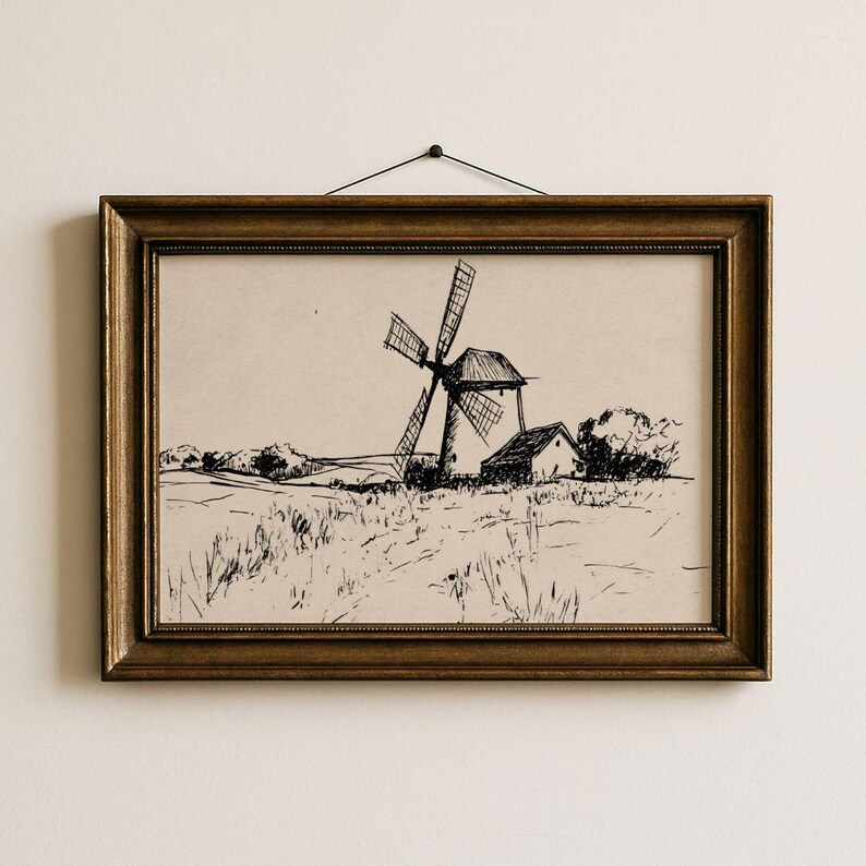 Vintage Windmill Fall Sketch Print - Western Wall Art, Rustic Farmhouse Line Drawing, Neutral Countryside Autumn Decor, Digital Download