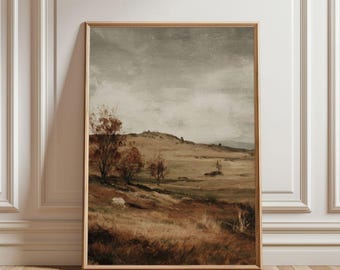 Lámina con paisaje rústico campestre otoñal - Decoración otoñal de granja vintage, acogedora y melancólica de estilo cottagecore pastoral para imprimir
