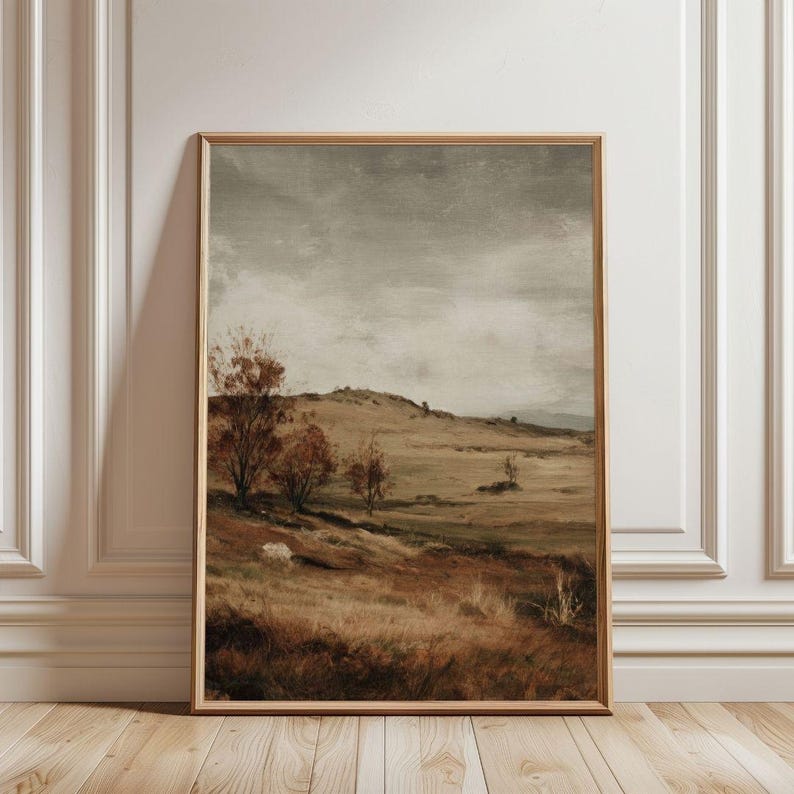 Rustic Countryside Fall Landscape Print - Vintage Farmhouse Autumn Decor, Cozy Moody Cottagecore Pastoral Printable