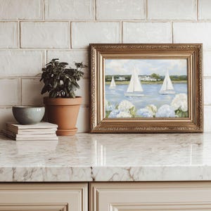 Grandmillenial Preppy Coastal Art Print - Coastal Granddaughter Hydrangeas & Sailboat Printable, Beachy Home Decor