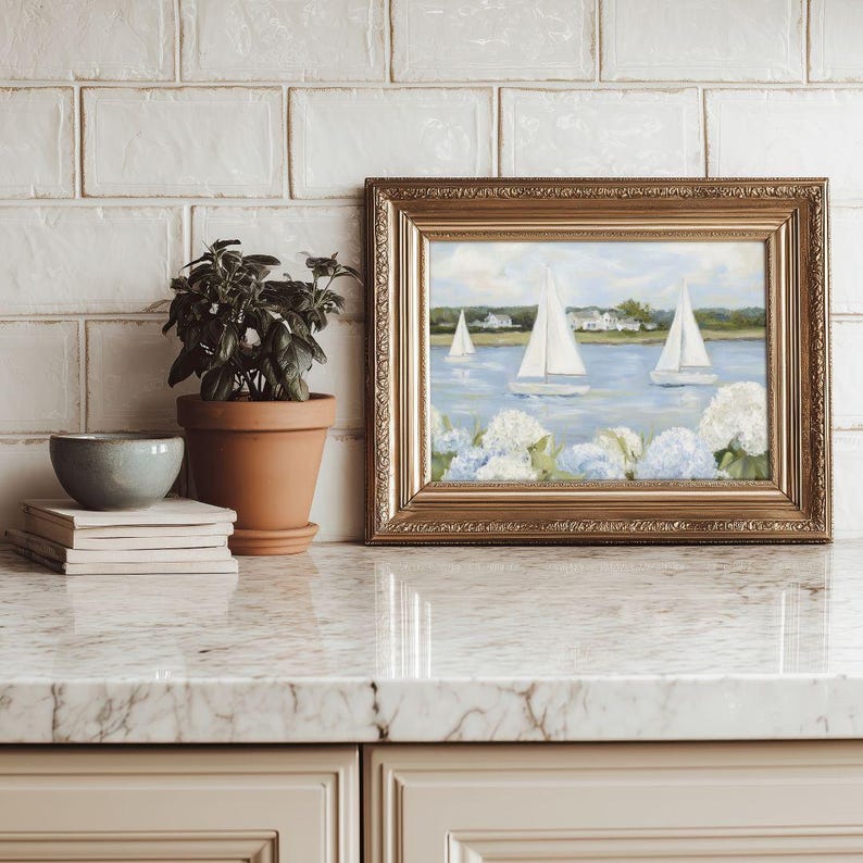 Grandmillenial Preppy Coastal Art Print - Coastal Granddaughter Hydrangeas & Sailboat Printable, Beachy Home Decor