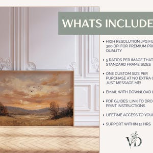 May include: A framed landscape painting with a warm color palette, featuring a sunset over a field and mountains. The image includes the text "WHATS INCLUDED?" and details about the product, such as high-resolution JPG files and custom sizing.