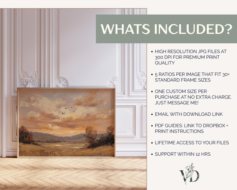 May include: A framed landscape painting with a warm color palette, featuring a sunset over a field and mountains. The image includes the text "WHATS INCLUDED?" and details about the product, such as high-resolution JPG files and custom sizing.
