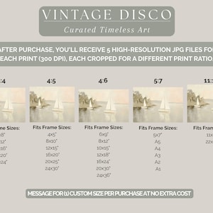 May include: An image featuring a vintage art print with a serene landscape of sailboats on a lake. The image includes text that reads "VINTAGE DISCO Curated Timeless Art". The image also shows different print ratios and frame sizes, including 6x8 inches, 9x12 inches, and 12x16 inches.