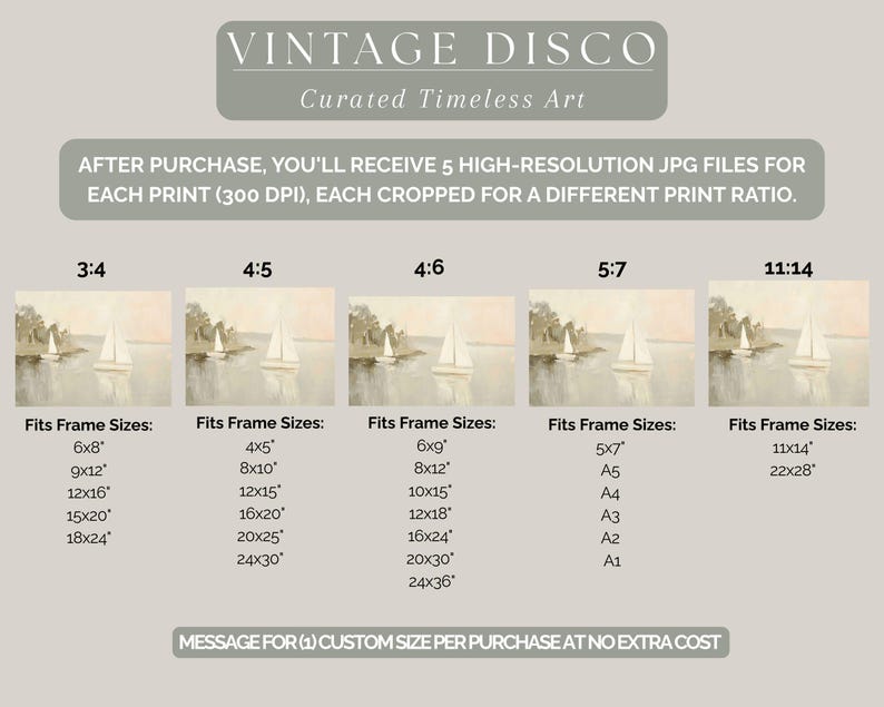 May include: An image featuring a vintage art print with a serene landscape of sailboats on a lake. The image includes text that reads "VINTAGE DISCO Curated Timeless Art". The image also shows different print ratios and frame sizes, including 6x8 inches, 9x12 inches, and 12x16 inches.