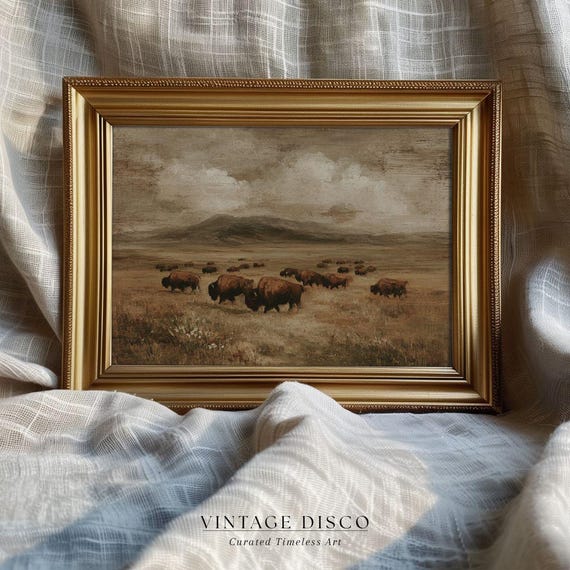 Rustic Bison Fall Print -  Vintage Country Farmhouse Autumn Printable, Warm Cottagecore Pastoral Landscape Decor