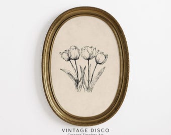 Vintage Tulip Sketch Print - French Country Botanical Art, Cottage Farmhouse Spring Decor, Minimalist Cottagecore