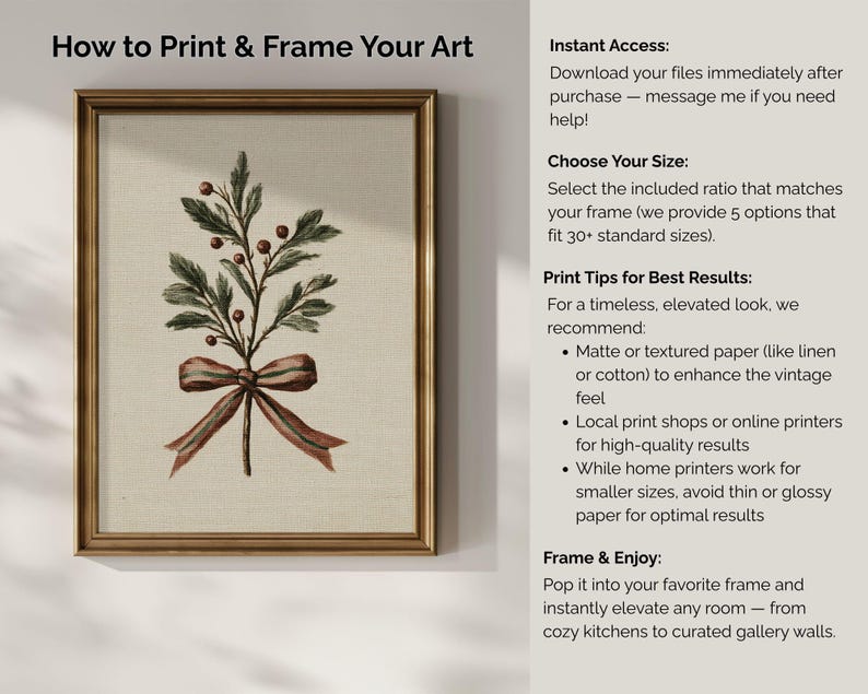May include: Framed botanical art print featuring a sprig with green leaves, red berries, and a brown ribbon. The artwork is in a gold frame. Text on the image reads "How to Print & Frame Your Art".