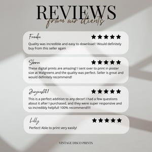 May include: A digital print featuring customer reviews with five-star ratings. The text includes positive feedback about the quality and ease of use. The bottom of the image reads "VINTAGE DISCO PRINTS."