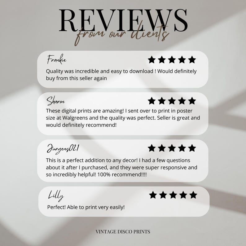 May include: A digital print featuring customer reviews with five-star ratings. The text includes positive feedback about the quality and ease of use. The bottom of the image reads "VINTAGE DISCO PRINTS."