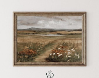 Lámina vintage de campo de flores silvestres otoñales - Lámina rústica de estilo campestre para imprimir en otoño, decoración campestre de paisaje pastoral