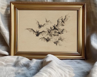 Vintage Bat Sketch Print: Neutral Gothic Halloween Wall Art, Spooky Cottagecore Fall Printable