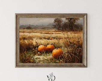 Vintage Pumpkin Field Fall Wall Art - Rustic Autumn Landscape Printable, Country Farmhouse Thanksgiving Decor
