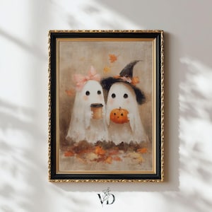 Cottagecore Ghost Couple Coffee Print - Whimsical Spooky Halloween Decor,  Kids Ghosts Fall Printable Art