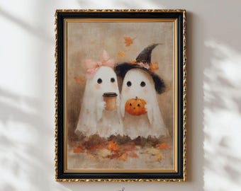 Cottagecore Ghost Couple Coffee Print - Whimsical Spooky Halloween Decor,  Kids Ghosts Fall Printable Art