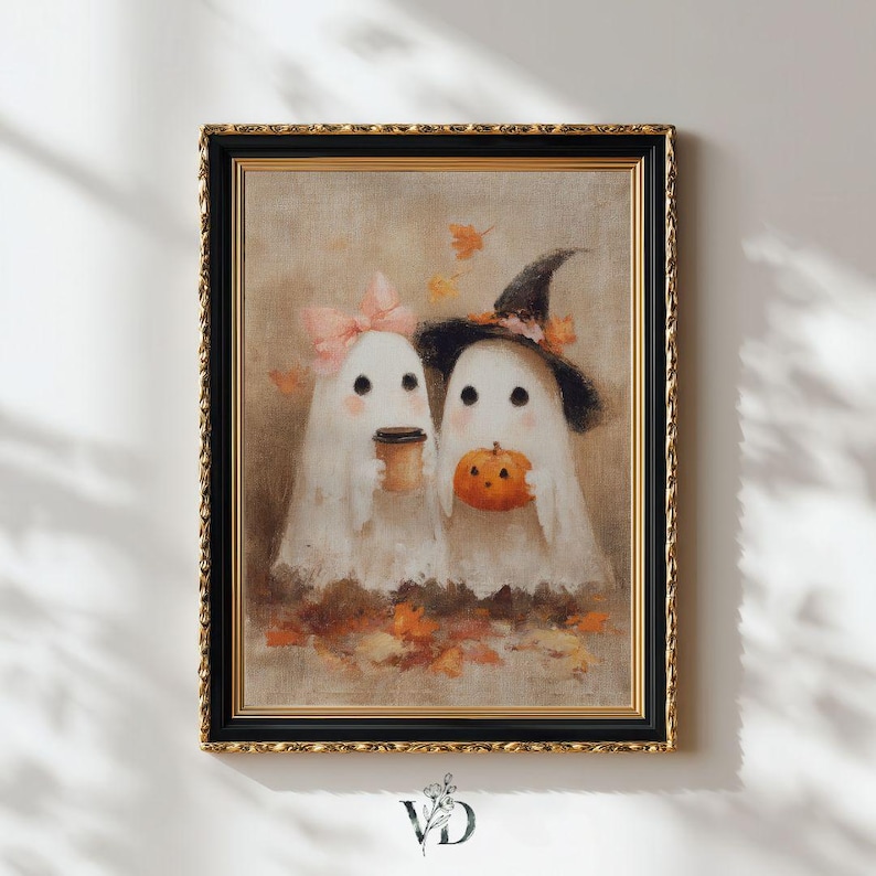 Cottagecore Ghost Couple Coffee Print - Whimsical Spooky Halloween Decor,  Kids Ghosts Fall Printable Art