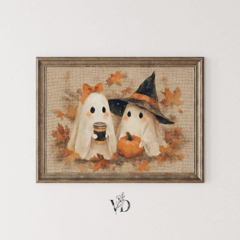 Cottagecore Ghost Coffee Halloween Print - Kitschy Autumn Kitchen Printable, Spooky Season Party Decor