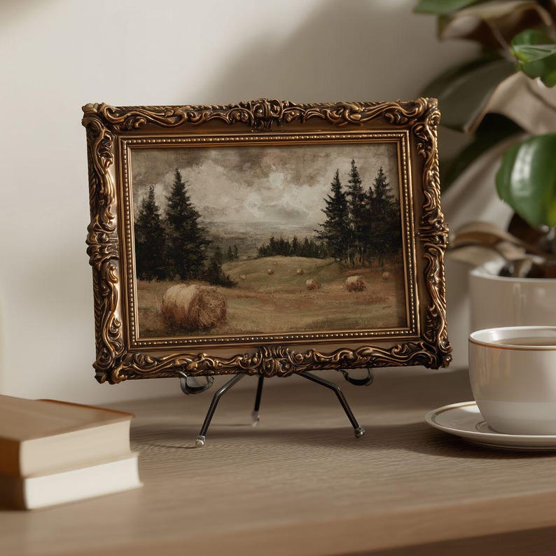 Rustic Fall Pastoral Landscape Print - Vintage Autumn Country Farmhouse Printable, Muted Cottagecore Nature Decor