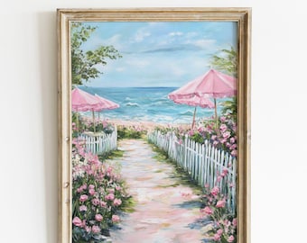 Impresión de sendero de playa rosa - Flores silvestres costeras en tonos pastel, decoración coqueta y milenaria