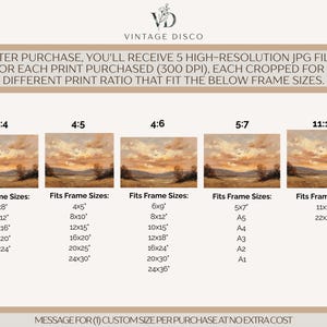 May include: An image showcasing five landscape art print ratios: 3:4, 4:5, 4:6, 5:7, and 11:14. Each ratio displays a landscape painting with frame size options in inches. The text provides details about high-resolution JPG files and custom sizing.