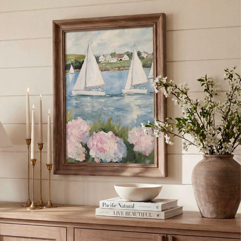 Coastal Hydrangeas & Sailboats Print: Preppy Pink Grandmillenial Summer Wall Art, Coquette Beachy Apartment Decor