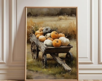 Vintage Fall Pumpkin Cart Painting - Rustic Autumn Still Life Printable, Farmhouse Thanksgiving Kitchen Decor