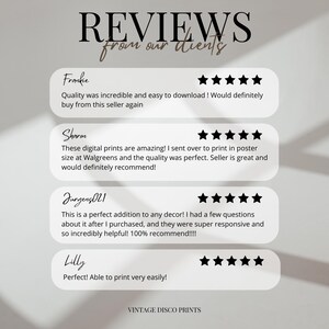 May include: A digital print featuring customer reviews with star ratings. The text includes positive feedback about the quality and ease of use. The phrase "VINTAGE DISCO PRINTS" is at the bottom.