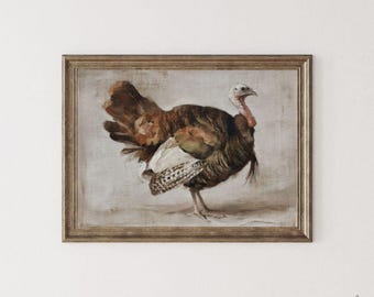 Vintage Turkey Thanksgiving Painting -  Printable Rustic Country Farmhouse Fall Print, Cottagecore Autumn Kitchen Art