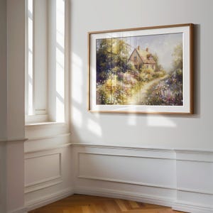 May include: A framed painting of a cottage in a field of flowers. The cottage is painted in shades of brown and yellow, with a thatched roof. The flowers are painted in shades of pink, purple, and white. The painting is set against a background of a blue sky with white clouds.