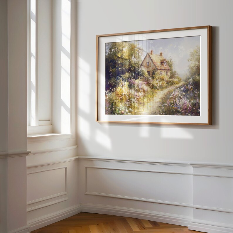 May include: A framed painting of a cottage in a field of flowers. The cottage is painted in shades of brown and yellow, with a thatched roof. The flowers are painted in shades of pink, purple, and white. The painting is set against a background of a blue sky with white clouds.