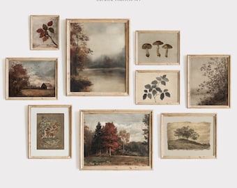 May include: A selection of framed vintage art prints. The prints depict landscape and botanical themes in muted tones, including a lake scene, trees, and mushrooms. The text "VINTAGE DISCO Curated Timeless Art" is at the top.
