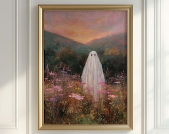 Cottagecore Ghost Wildflower Print: Pink Girly Halloween Wall Art (Printable Digital Download)